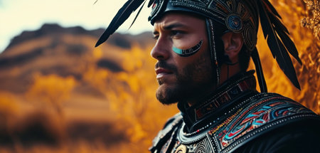 Handsome man in indian costume with feathers on his headの素材