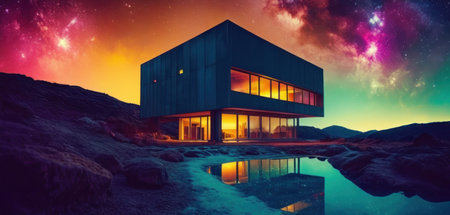 3d rendering of modern house on the mountain with beautiful sky.の素材
