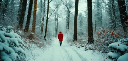 A man in a red jacket walks through the snow-covered forest.の素材