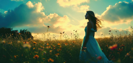 Beautiful young woman in a white dress on the meadow at sunsetの素材