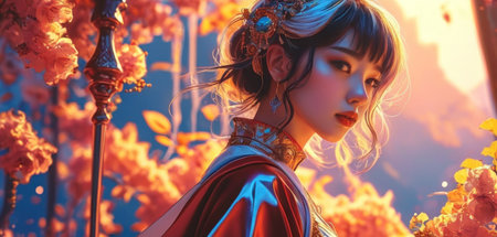 Beautiful asian woman in traditional costume in the autumn garden.の素材