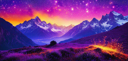Mountain landscape with starry sky. Sunset in the mountains.の素材