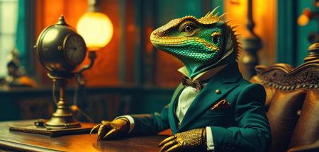 Portrait of a bearded dragon in a turquoise suit. Retro style.の素材