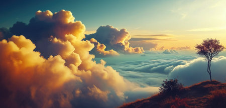 Beautiful sunset above the clouds. Panoramic view. Nature backgroundの素材