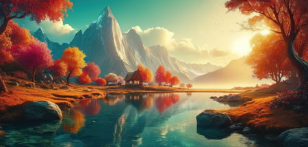 Fantasy landscape. Mountain lake in the autumn forest. 3d illustrationの素材