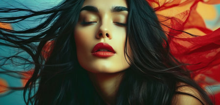 Portrait of a beautiful brunette woman with red lips and flying hairの素材