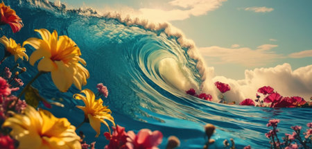 Surf wave and flowers on blue ocean. 3D Renderingの素材