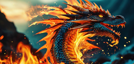 dragon in the fire. 3d illustration of dragon in the fireの素材