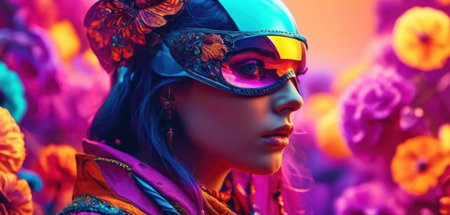 Beautiful young woman in colorful carnival mask with flowers in the backgroundの素材