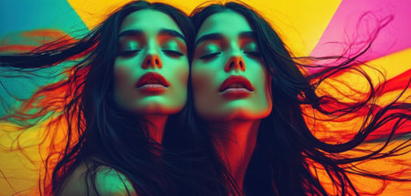 Portrait of two beautiful young women with long hair. Studio shot.の素材