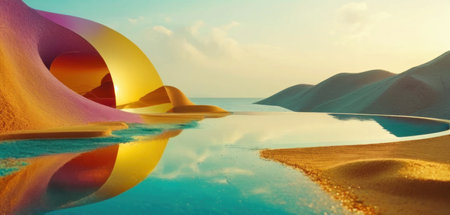 3D illustration of a beautiful landscape with sand dunes and lakeの素材