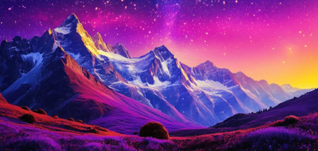 Mountain landscape with colorful sky and stars. Panoramic view.の素材