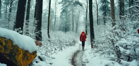 Woman walking in winter forest. Girl in red jacket walking in snowy forest.の素材