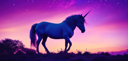 Unicorn silhouette on purple sky background. 3d render illustrationの素材