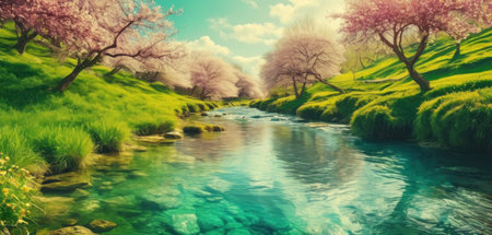 Beautiful spring landscape with blooming sakura trees and river.の素材