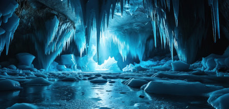 Ice cave with blue light and stalactites. 3d renderingの素材