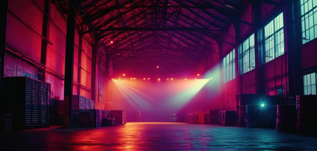 Industrial warehouse with red lighting and spotlights. 3d renderingの素材