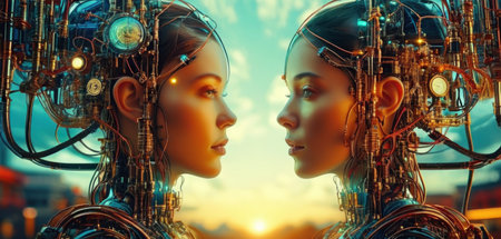 3D rendering of a female robot and female cyborgs in the futureの素材