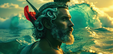 Portrait of a medieval warrior with a sword in the sea.の素材