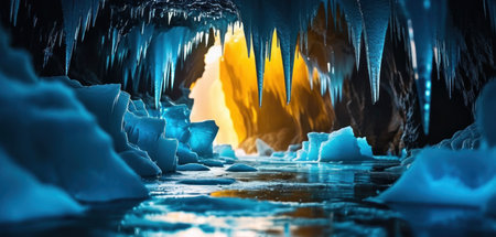 Ice cave with stalactites and stalagmites. 3d renderingの素材
