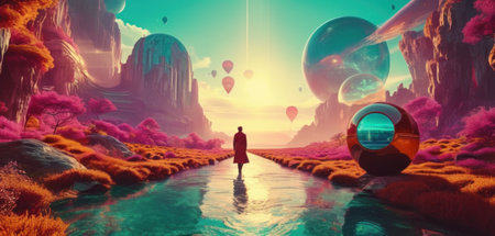 Woman walking on the path to the alien planet. 3D renderingの素材
