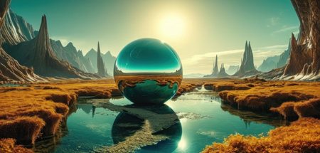 Alien Planet - 3D Rendered Computer Artwork. Rocks and lakeの素材