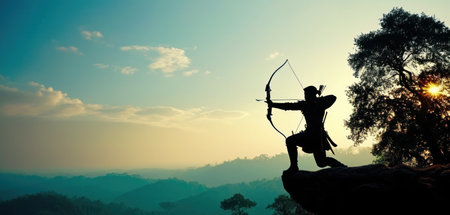 Silhouette of archer with bow and arrow on mountain peakの素材