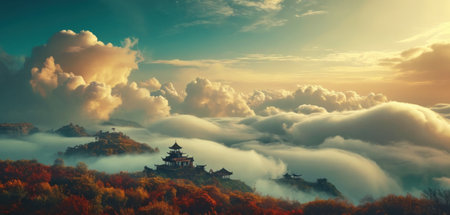 Majestic sunset in the mountains with fog and silhouette pagodaの素材