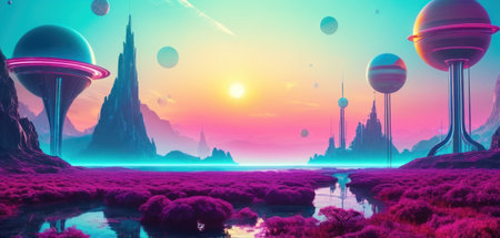 Fantasy alien planet. Mountain and lake. 3D illustration.の素材