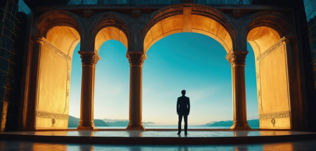 Silhouette of a businessman standing in the middle of the archesの素材