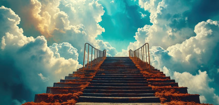 Staircase leading up to the sky with clouds. 3d renderingの素材