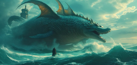 Fantasy landscape with a dragon swimming on the ocean, 3d renderの素材