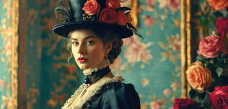 Portrait of a beautiful steampunk woman with flowers in her hairの素材