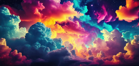 Colorful fantasy sky with clouds and stars. 3D illustration.の素材