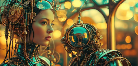 3d rendering of a female robot in a store window with christmas lightsの素材