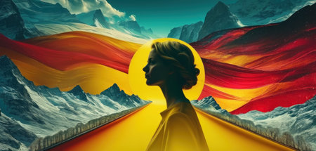 Beautiful woman with the flag of Germany. 3D rendering.の素材
