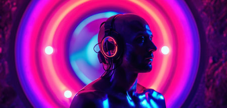 Portrait of young man with headphones listening to music in neon lightの素材
