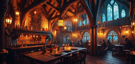 Interior of a pub with tables and chairs in the Gothic styleの素材