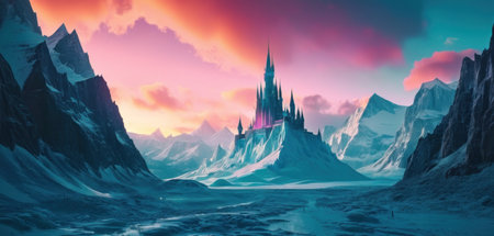 Fantasy alien planet. Mountain and lake. 3D illustration.の素材