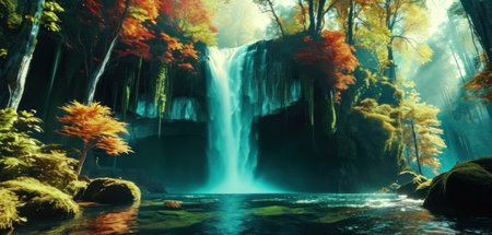 Waterfall in autumn forest. 3d rendering. Computer digital drawing.の素材