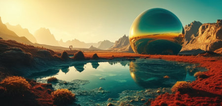 Fantasy alien planet. Mountain and lake. 3D illustration.の素材