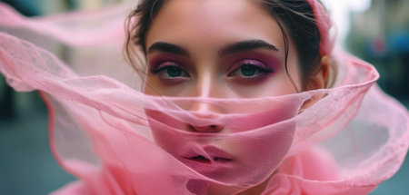 Portrait of a beautiful girl with pink eyeshadow and pink veilの素材