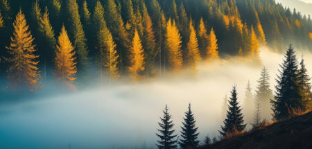 Foggy morning in the Carpathian mountains, Ukraine.の素材