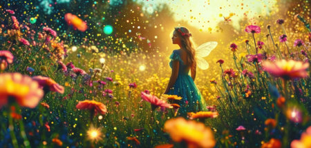 Beautiful fairy girl in the meadow with flowers at sunset.の素材