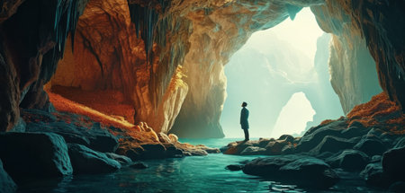 Conceptual image of a young man standing in a cave.の素材