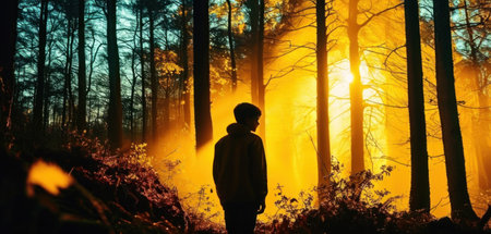 Silhouette of a boy in the forest at sunset. A boy in the forest at dawn.の素材