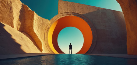 Conceptual 3D business man standing in front of an archの素材