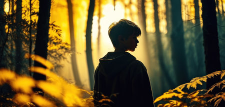 Young man in the autumn forest at sunset. Dark silhouette of a man in the autumn forest.の素材