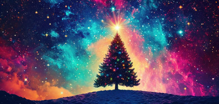 Christmas tree in the night sky. 3d rendering. Computer digital drawing.の素材