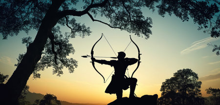 Archery archer with bow and arrow in the forest against sunsetの素材
